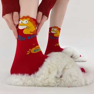 植绒红色中筒卡通袜新年祝福文字本命年鸿运袜马力全开马年红袜子