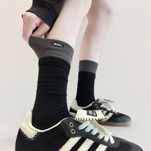 秋冬新款 中筒袜假两件布标字母堆堆袜豹纹公主风ins潮撞色袜子女