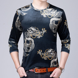 中国龙图案全身印花痞子男士上衣 宽松休闲个性时尚金丝绒T恤衫潮