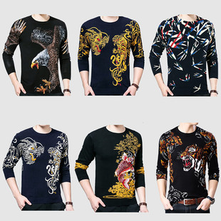 长袖 花式 针织t恤衫 创意个性 毛线衣 时尚 图案印花上衣大码 潮流男士