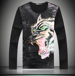 秋季时尚潮流男士长袖t恤衫 个性搞怪3D狼头图案印花丝绒打底衫