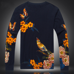 秋季男士时尚花式毛线衣 个性中国风蝴蝶花鸟图案印花休闲针织衫