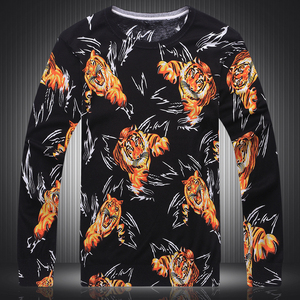 秋季男士新款花式毛线衣薄 创意个性全身小老虎图案印花针织衫潮