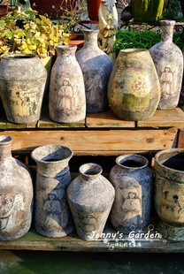 欧式古典造型做旧印花花盆 粗陶花盆 黑陶罐子 干花假花花瓶 孤品