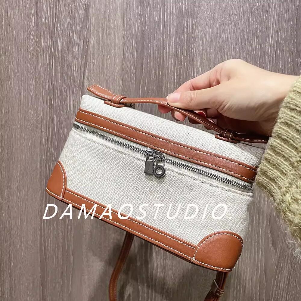 Damaostudio棕色LP19手提包帆布拼皮饭盒包单肩斜挎包包