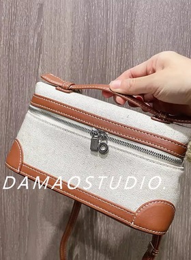 Damaostudio棕色LP19手提包帆布拼皮饭盒包单肩斜挎包包