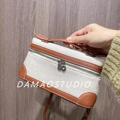 Damaostudio棕色LP19手提包帆布拼皮饭盒包单肩斜挎包包