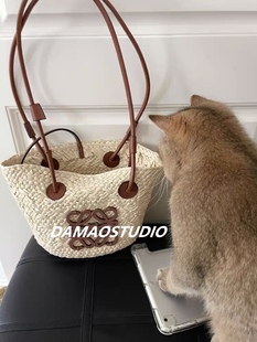 Damaostudio法式 菜籃子度假手工草編單肩編織包沙灘包女