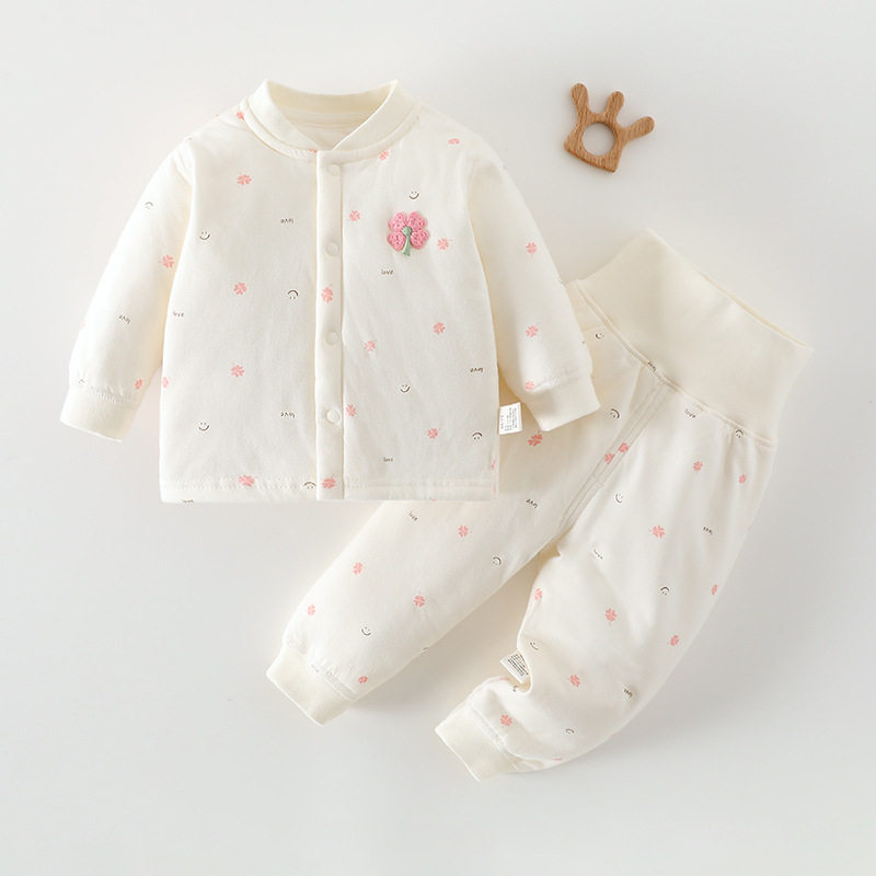 全棉婴儿夹棉加厚宝宝棉服套装秋冬棉衣开衫分体两件套裤高腰护肚