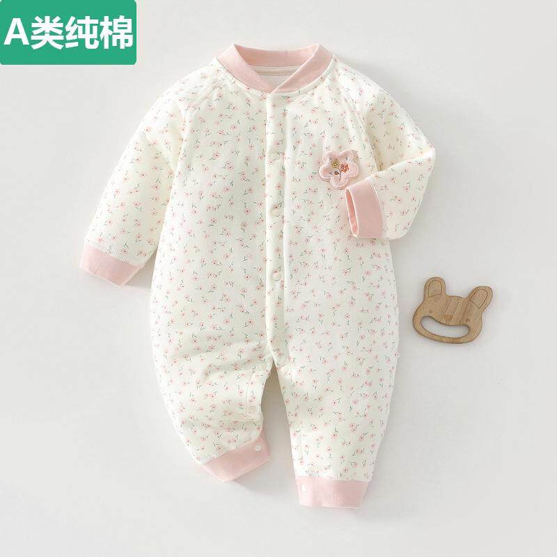 全棉婴儿衣服女宝纯棉秋冬夹棉连体衣满月宝宝加厚棉衣棉服外出服