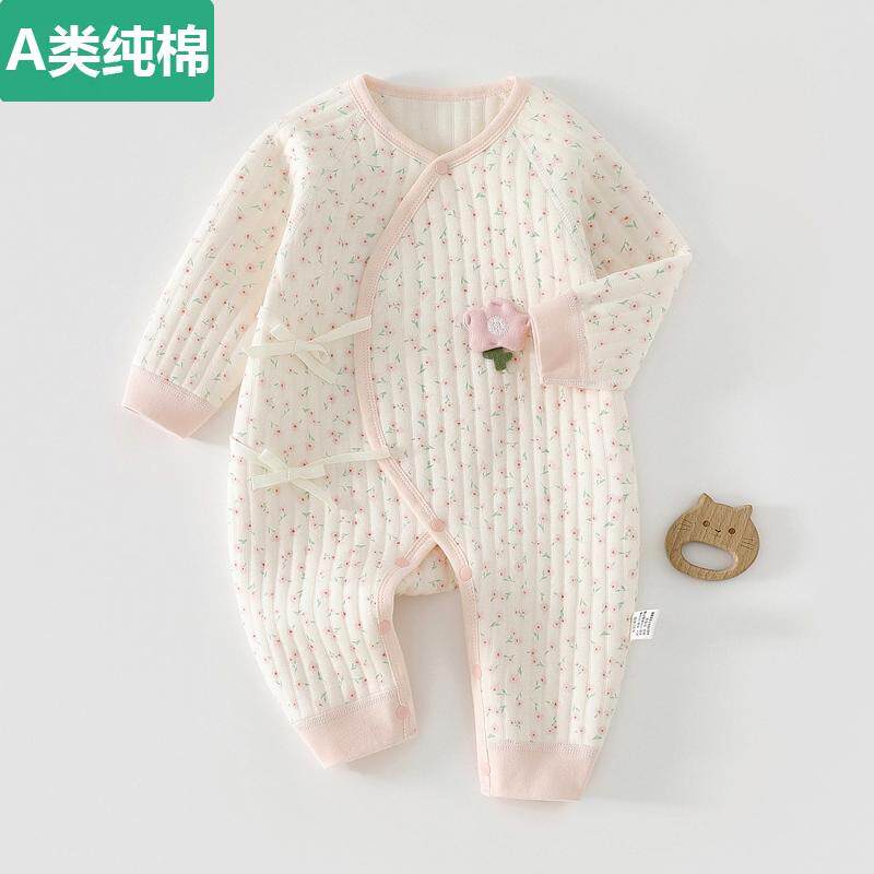 全纯棉新生婴儿衣服秋冬夹棉女宝保暖和尚服睡衣初生宝宝连体衣冬