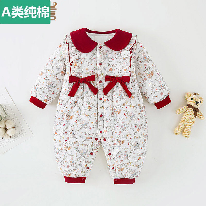全棉A类宝宝棉服连体衣冬季婴幼儿加厚夹棉保暖女婴儿衣服冬装外
