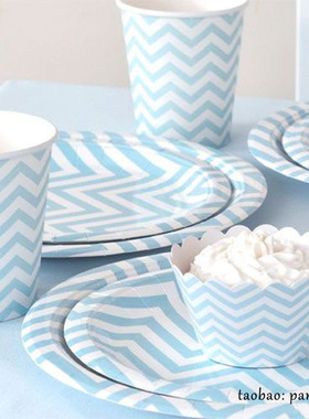 加厚一次性派对餐具蓝色波浪纹纸盘纸杯套餐蛋糕方盘圆盘男孩生日