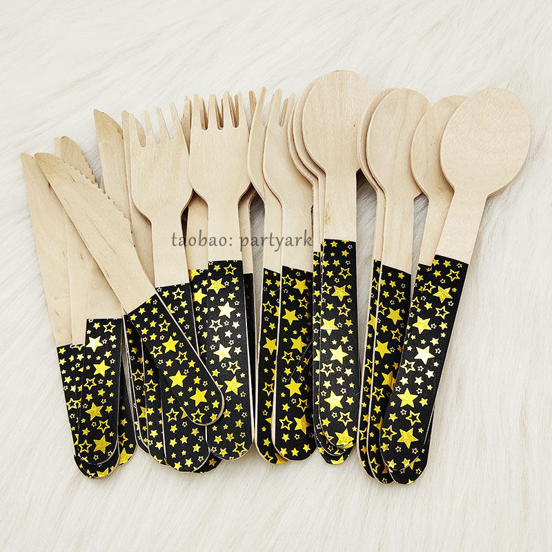 甜品台装饰用品一次性木质蛋糕叉勺黑金星星派对餐具wooden forks