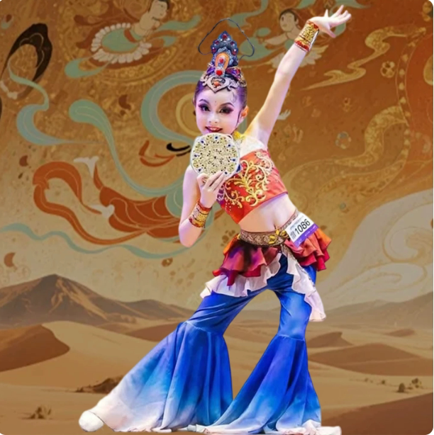 儿童敦煌舞蹈服大漠飞天灼灼千姿古典舞表演服琵琶千年之约演出服图片