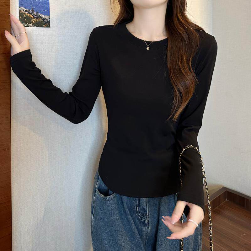 包邮加绒小个子秋冬修身长袖t恤女纯色内搭纯棉百搭上衣打底衫