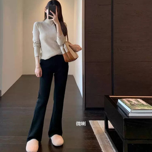 阿比鹿 高腰显瘦四面弹加绒特厚微喇裤休闲直筒百搭保暖小黑裤子