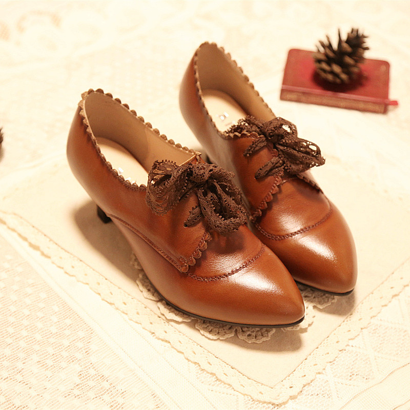 秋季新款vitage百搭风蕾丝女单鞋