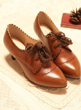 秋季新款英伦风Vitage简约百搭尖头小皮鞋蕾丝系带真皮中跟女单鞋