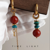 拾光集复古串耳环新中式 天然石红色女金色链条流苏耳坠高级感精致