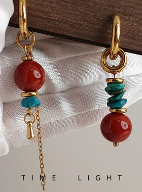 拾光集复古串耳环新中式天然石红色女金色链条流苏耳坠高级感精致