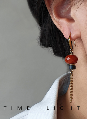 拾光集高级感不对称南红高级复古串珠流苏耳环女复古百搭金属耳饰
