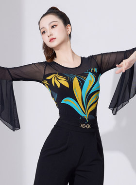 摩登舞上衣女夏季新款中袖国标舞拉丁舞连体练功服荷叶边舞服拼接