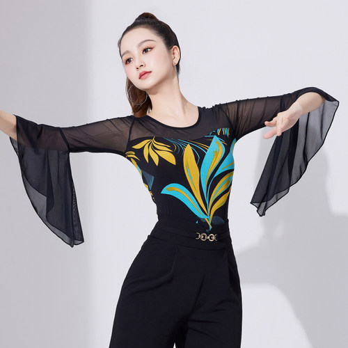 摩登舞上衣女夏季新款中袖国标舞拉丁舞连体练功服荷叶边舞服拼接