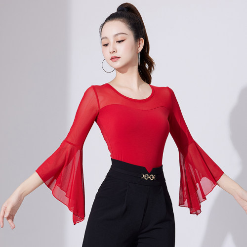拉丁舞练功服女新款中袖网纱拼接舞蹈服成人国标舞服装摩登舞上衣 - 封面