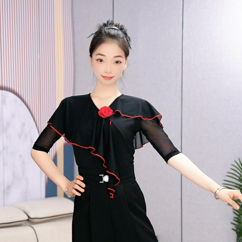 绚悦舞蹈服新款撞色玫瑰拉丁舞上衣修身显瘦交谊舞衣国标舞演出服