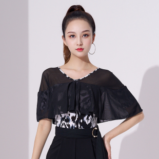 0摩登舞服上衣女士飘逸荷叶边显瘦跳华尔兹舞蹈服夏季短袖碎花