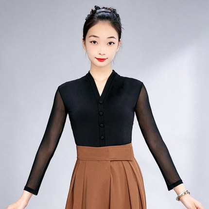 绚悦拉丁舞上衣女网纱拼接成人摩登舞服V领纯色练功表演服交谊舞