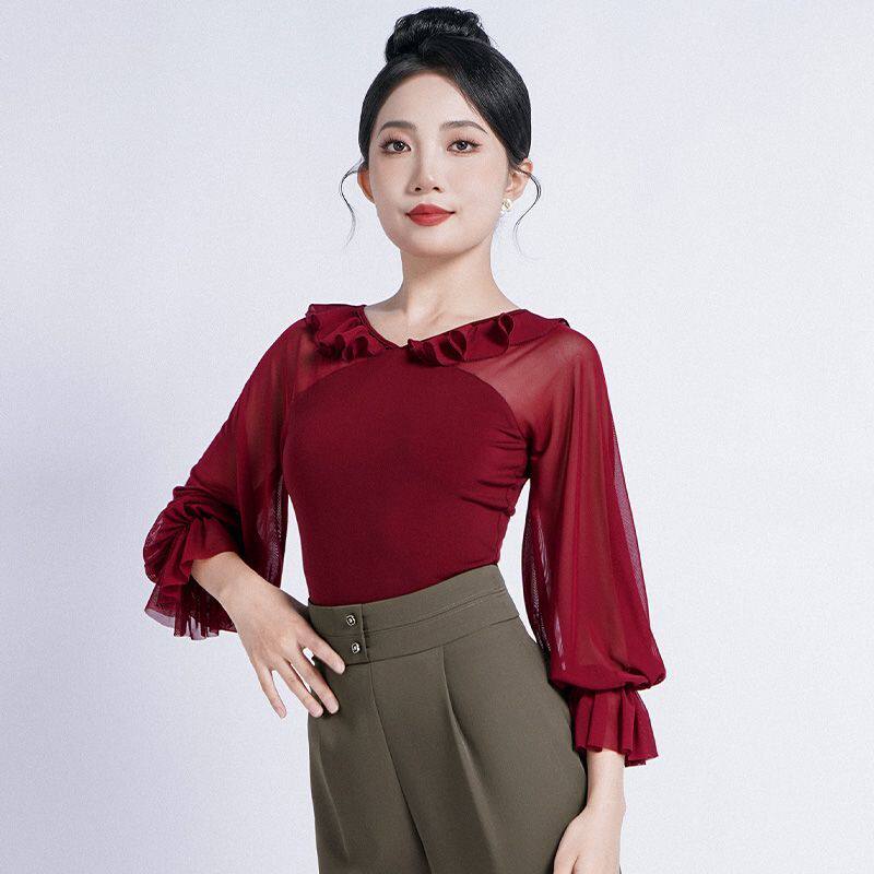 华尔兹新款舞蹈跳舞练功服摩登舞上衣女时尚拉丁舞荷叶边舞衣长袖
