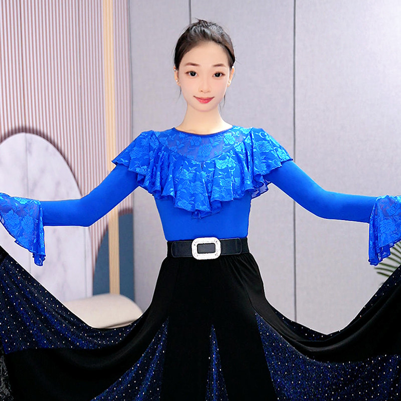 绚悦喇叭袖新款舞蹈上衣女修身蕾丝荷叶边广场舞拉丁舞练功演出服