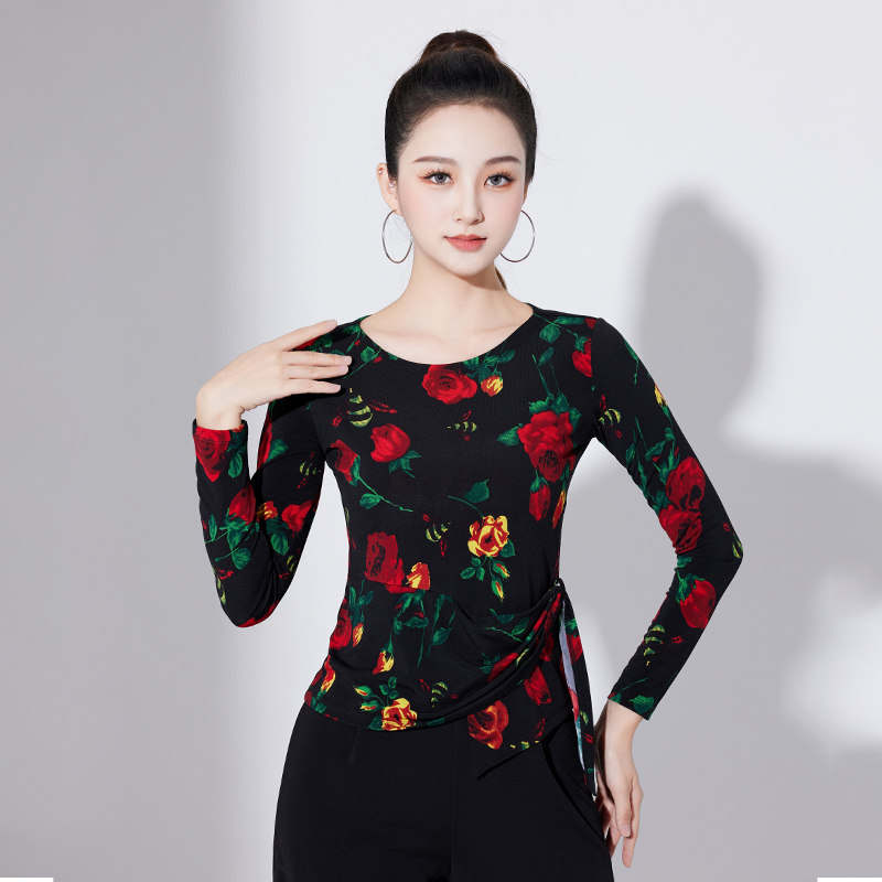 摩登舞女玫瑰花长袖上衣