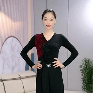 0时尚新款摩登舞服V领长袖柔美风拉丁舞上衣高端设计国标舞练功服