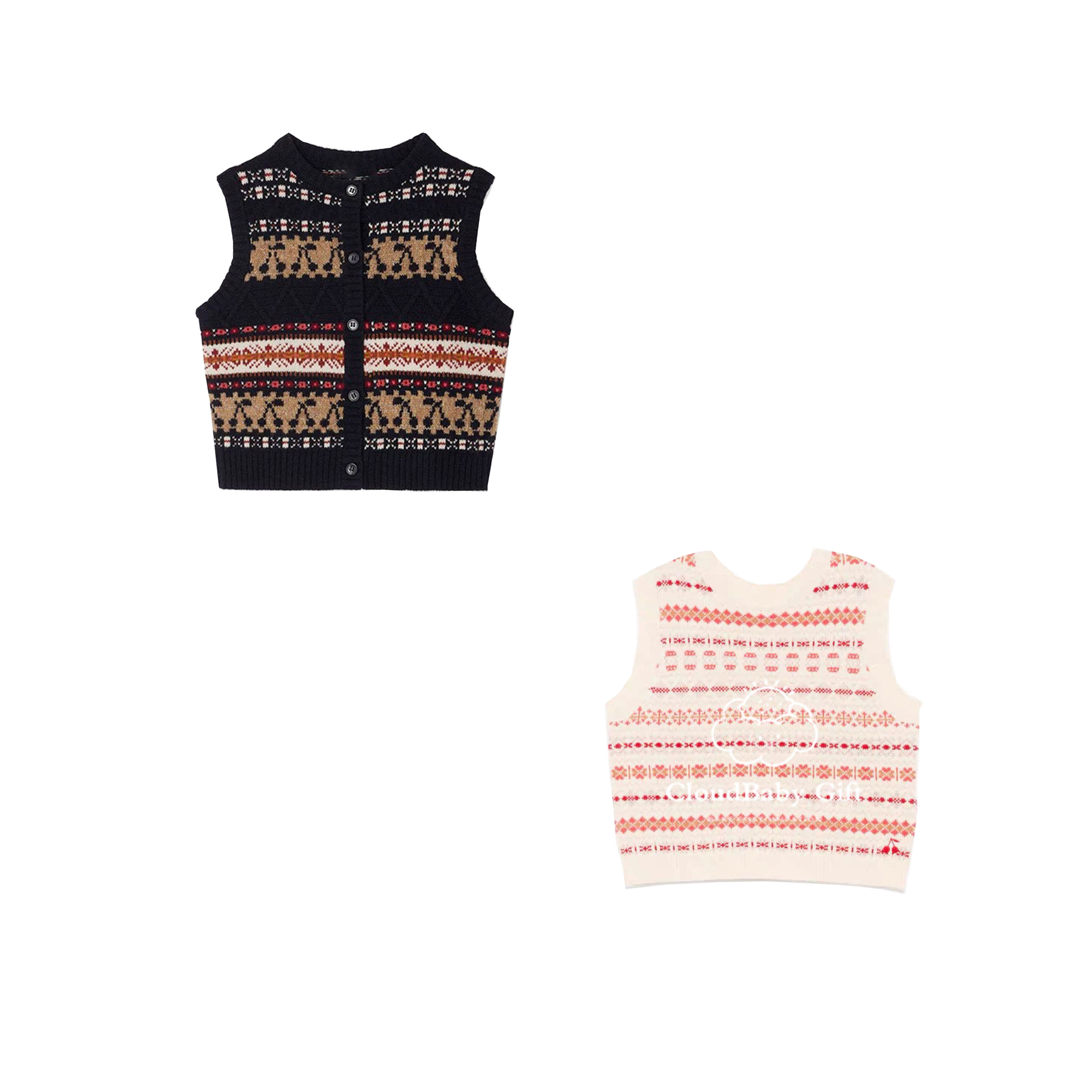 女童羊毛针织提花开衫背心马甲