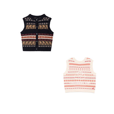 女童羊毛针织提花开衫背心马甲