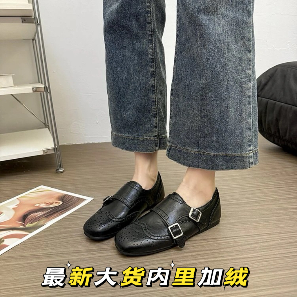 冬季新款金属扣加绒一脚蹬镂空英伦风平底深口单鞋时尚百搭单鞋