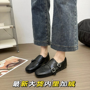 百搭单鞋 冬季 时尚 金属扣加绒一脚蹬镂空英伦风平底深口单鞋 新款