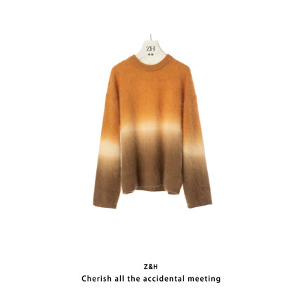 ZH【 月隐山野】新款渐变色圆领长袖针织衫女宽松百搭毛衣