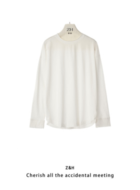 ZH【白色浪花】极简风圆领长袖宽松打底衫女百搭T恤上衣