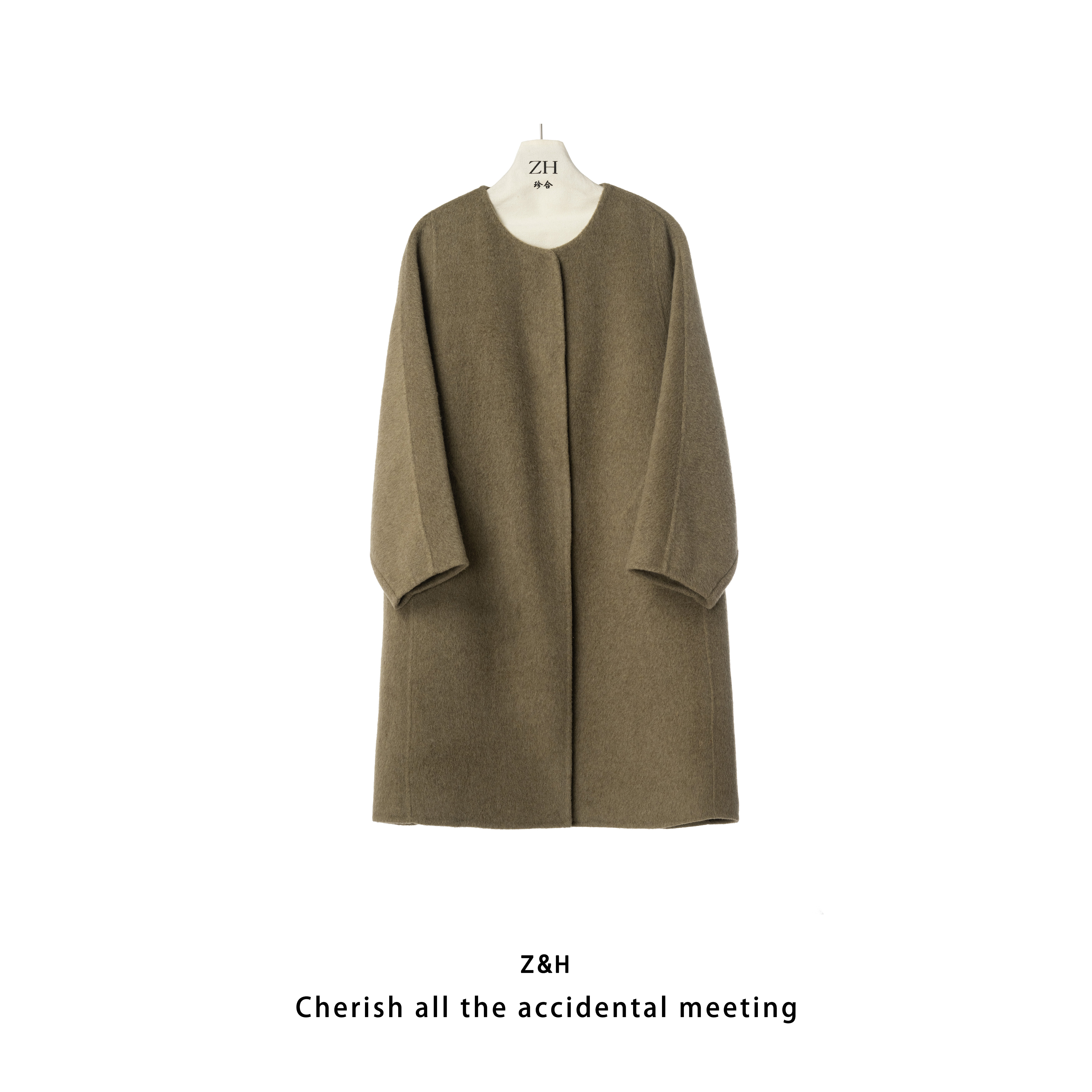 ZH【绿茵足迹】中长款圆领女毛呢外套