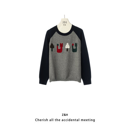 ZH【墨月白】圆领拼色针织衫女长袖舒适