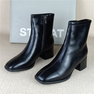 星期六品牌撤柜断码处理真皮马丁靴粗跟百搭瘦瘦靴单里黑色时装靴