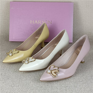 哈森正品撤柜断码处理真皮女鞋细高尖头浅口通勤法式牛漆皮单鞋潮