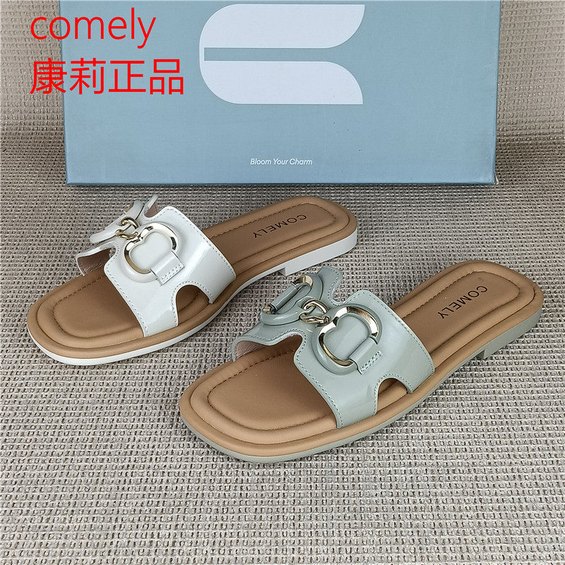 康莉正品撤柜真皮一字拖女夏平底金属扣穆勒鞋舒适牛漆皮凉拖鞋女
