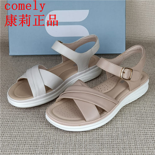 comely康莉正品撤柜真皮女鞋厚底羊皮凉鞋女夏季一字带休闲沙滩鞋