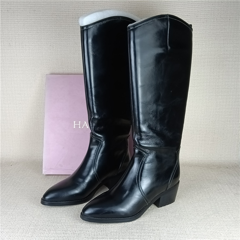 哈森正品撤柜断码处理真皮长筒靴粗跟百搭套筒单里不过膝牛皮长靴