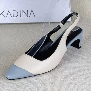 娜正品撤柜断码处理真皮鞋粗跟百搭浅口日常后空包头羊皮凉鞋